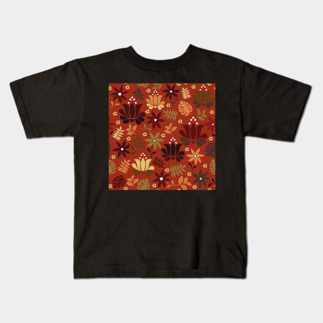 orange and yellow flowers on rust red Kids T-Shirt by colorofmagic